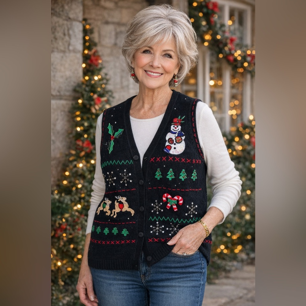 Basic Editions Vintage Christmas Sweater Vest Black Size x-large